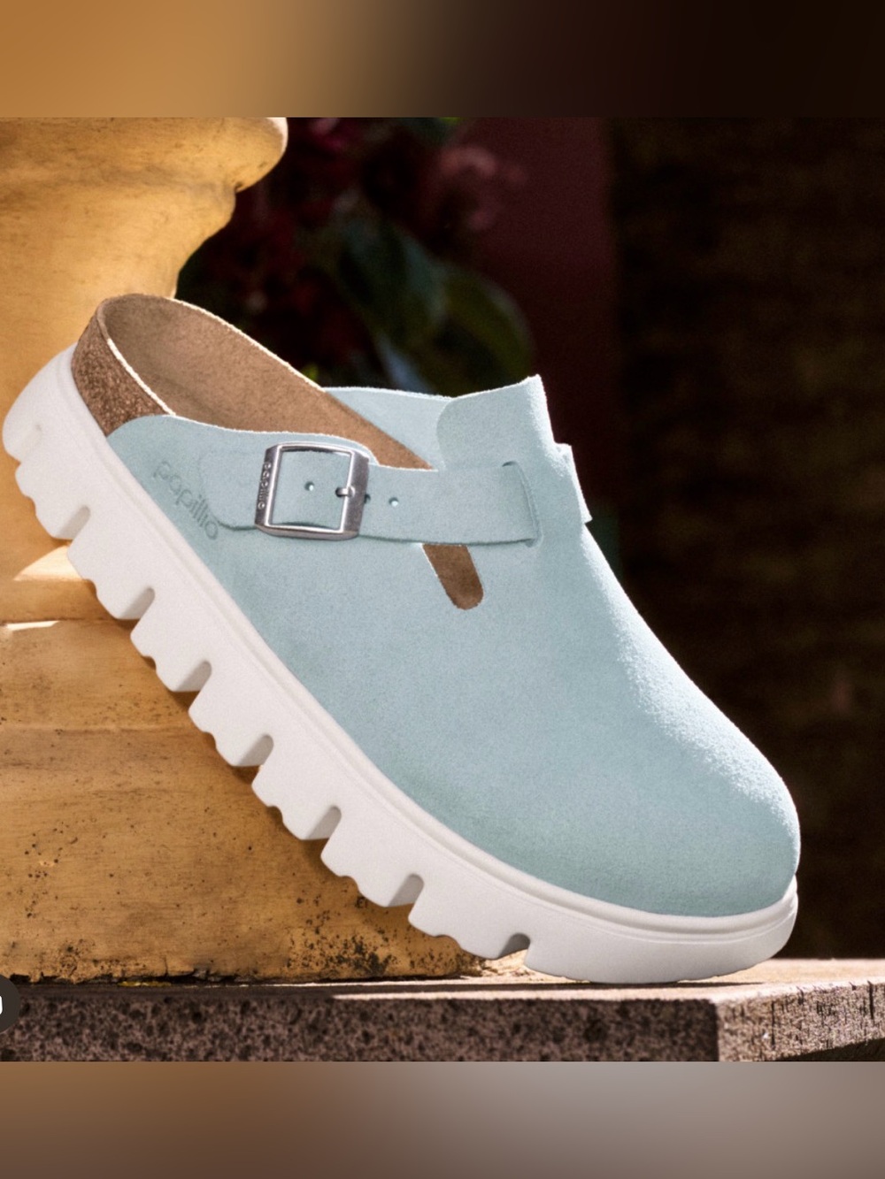 Birkenstock Light Blue Suede Clog Mule with White Lug Sole